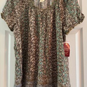 Faded Glory Brown Teal White Floral Women’s Blouse NWT Office Summer Fun SZ XL